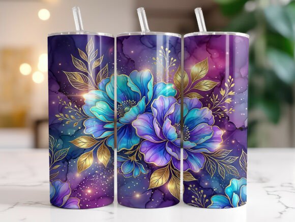 Blue Purple Floral Gold Leaf Tumbler PNG