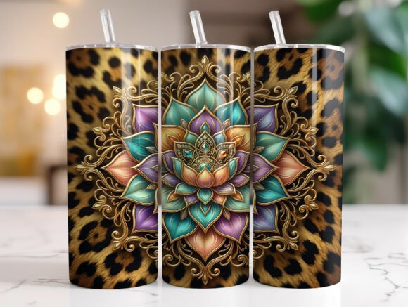 Boho Gold Lotus Leopard Print Tumbler