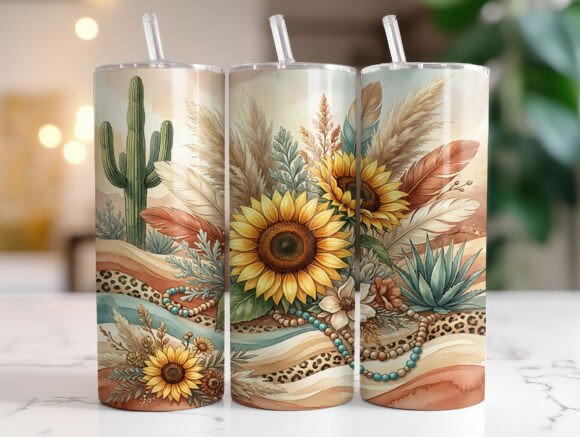 Desert Boho Sunflower Cactus Tumbler PNG