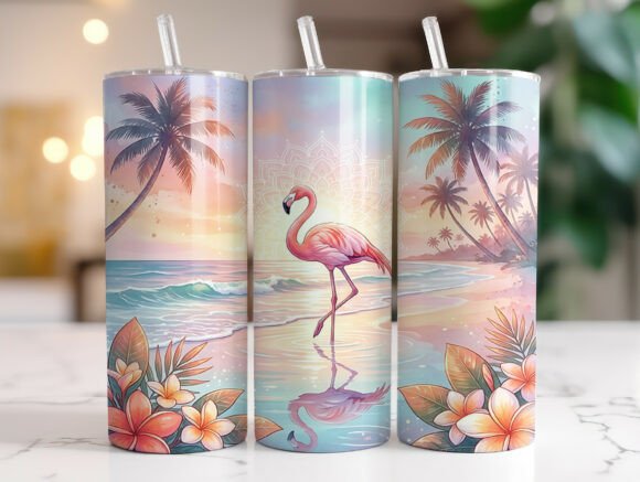 Pink Flamingo Sunset Beach Tumbler Wrap